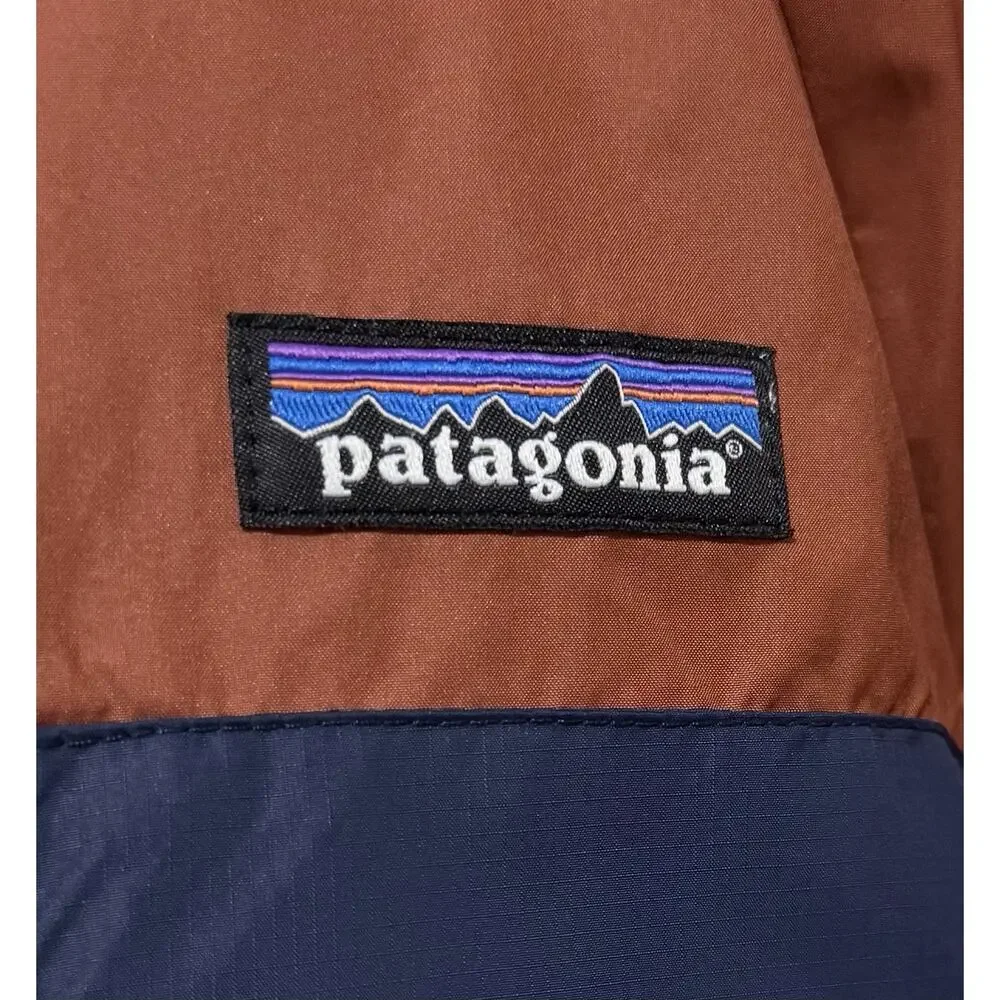 Patagonia Reversible Down Sweater Hoodie Boys Jacket M 10 Navy Brown Pockets